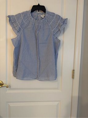 J. Crew Light Blue and White Striped Ruffle Sleeve Blouse